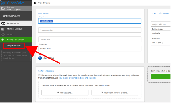 An image showing the location of Project Defaults feature in Calcs.com
