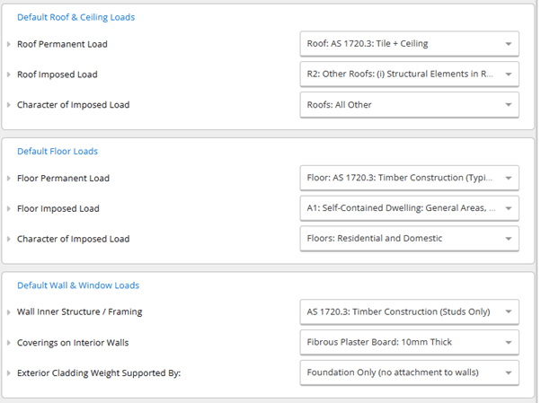 An image showing default roof, ceiling, floor, and wall loads automatically populated in Calcs.com platform