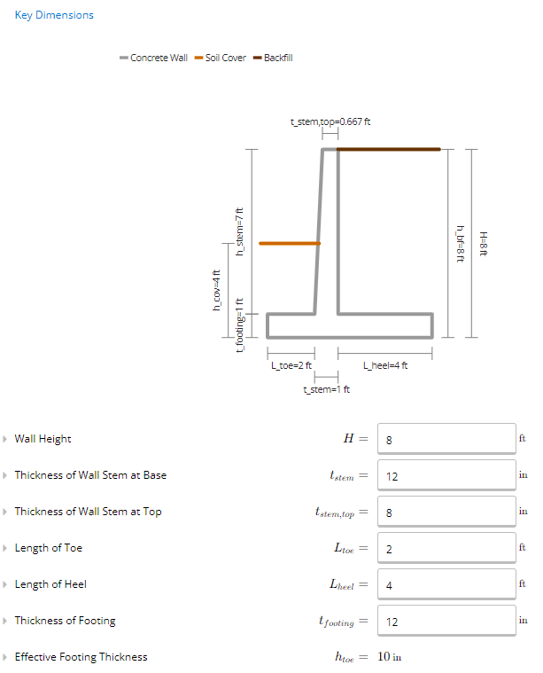 Key parameters input for cantilever retaining wall design in Calcs.com