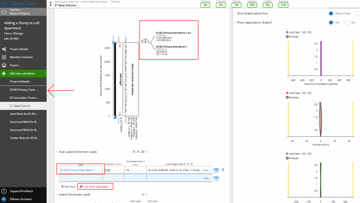 A screenshot showing the dynamic load linking feature in Calcs.com
