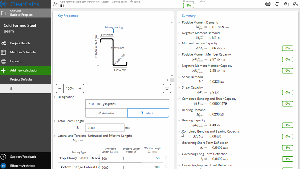 An animated screenshot showing selection of Rondo Top Hats in Calcs.com Cold-Formed Steel Beam Calculator to AS/NZS 4600:2018