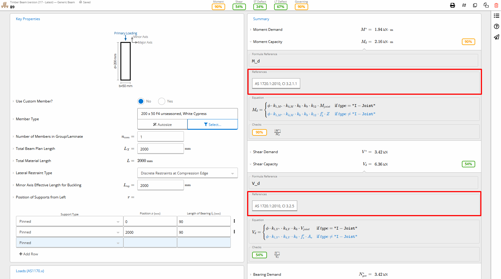 Timber beam design calculation in Calcs.com showing AS 1720.1:2010 clause references, moment and shear checks for code compliance.