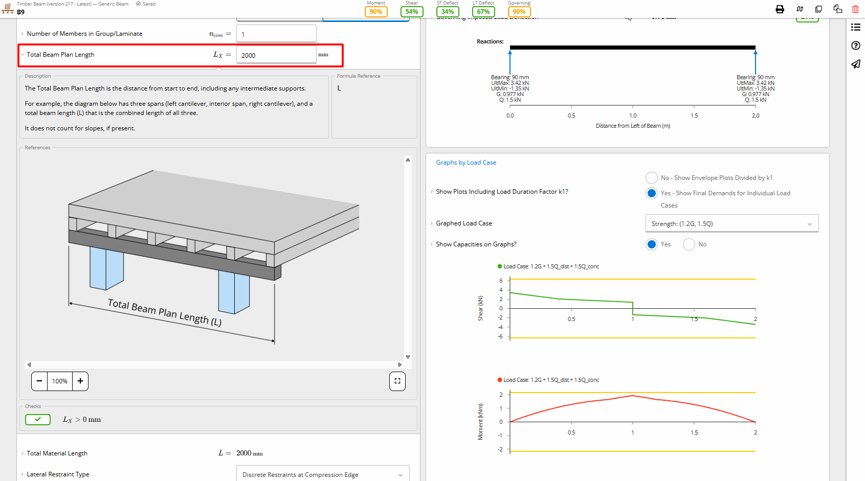 Calcs.com timber beam input with diagram, span definition, and real-time shear and moment graphs for transparent calculations.