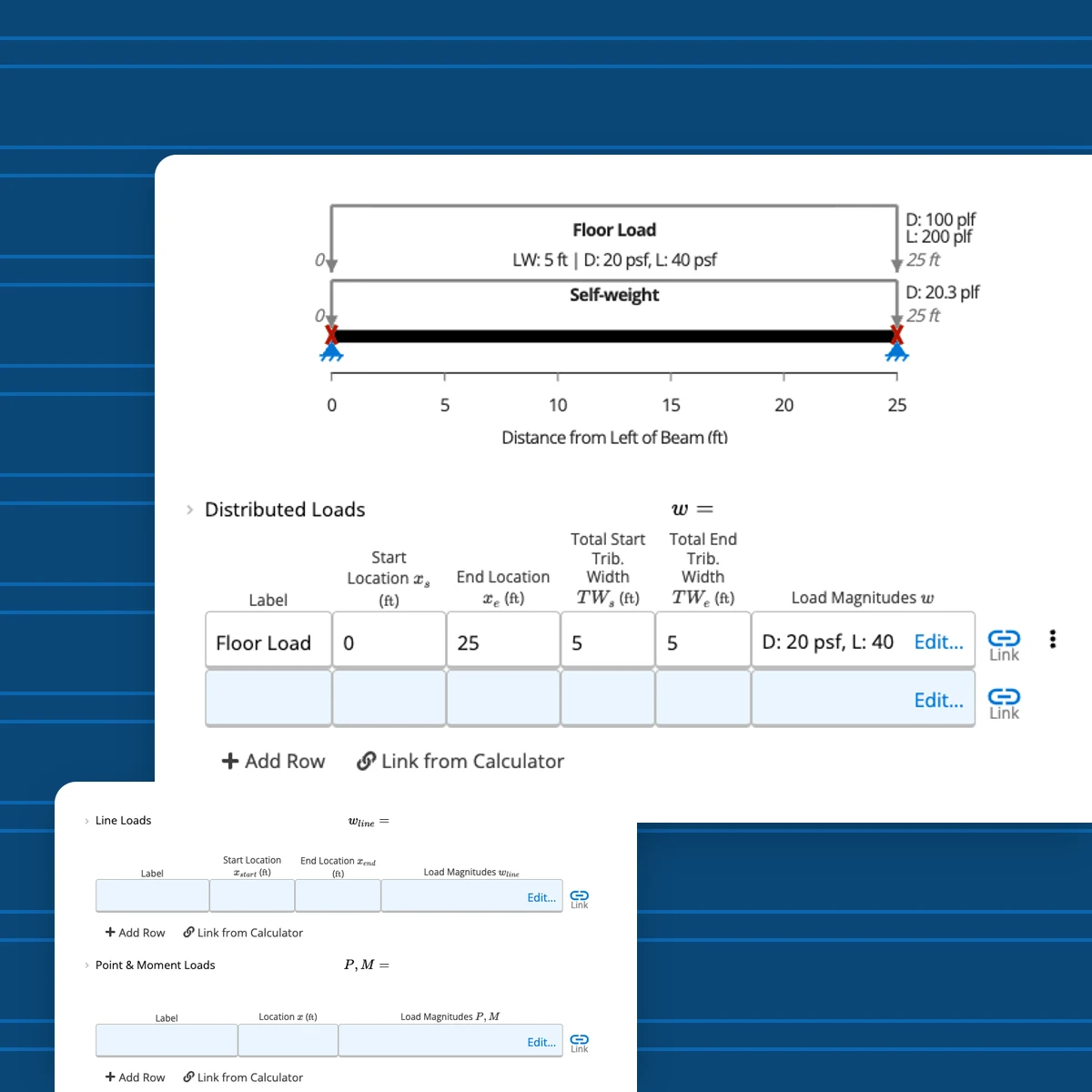 Area, line, point and moment loads in Calcs.com - a 20 psf dead and 40 psf live floor load over a 5 ft tributary width with self-weight on a 25 ft beam, above the distributed, line, point and moment load tables