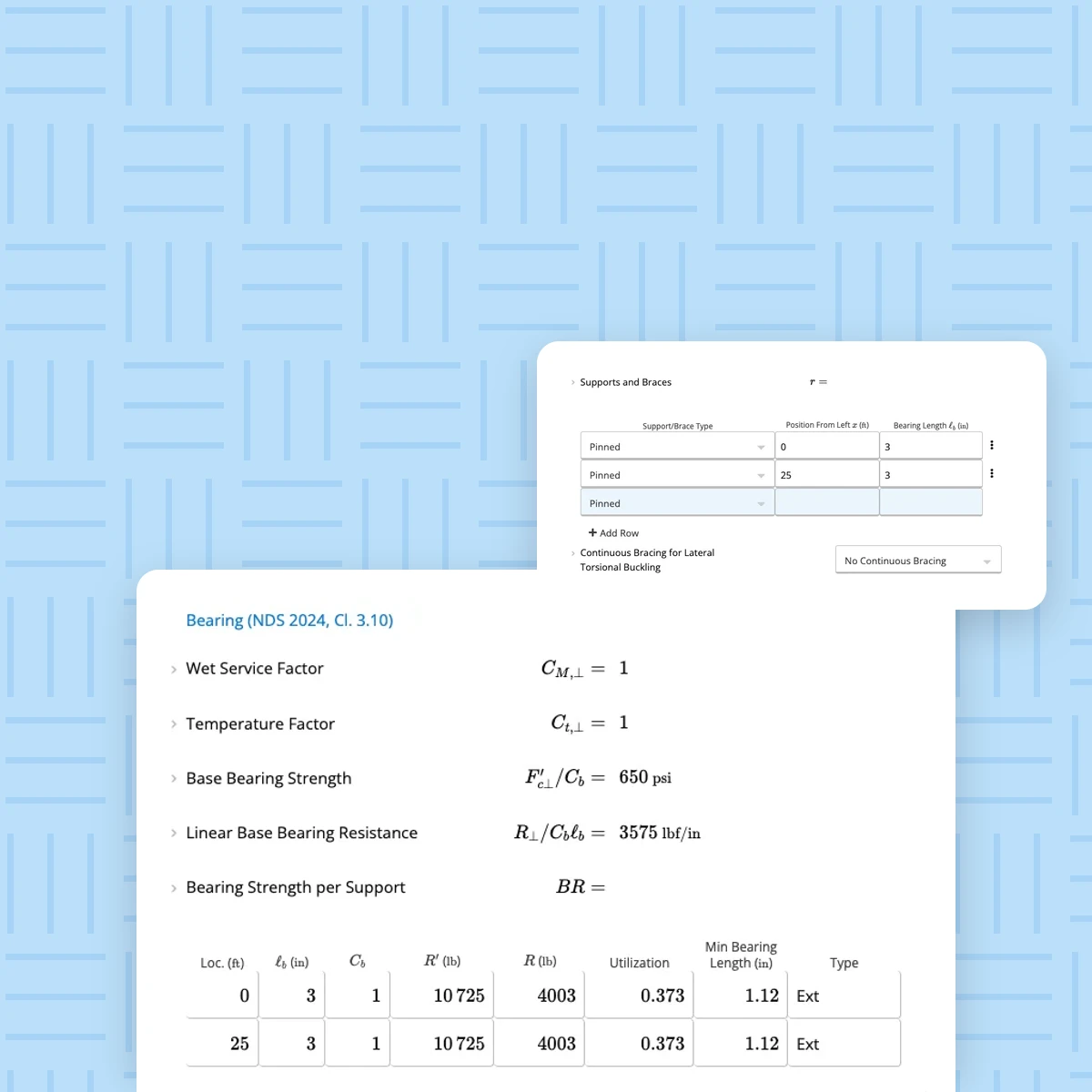 Bracing, wet service and bearing in Calcs.com - the bearing check with wet service and temperature factors and bearing at each support, above the supports and continuous bracing inputs